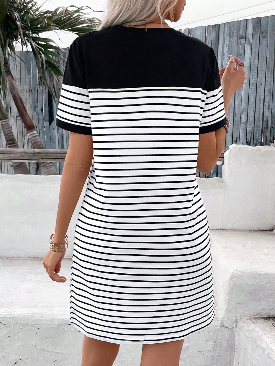 Marilyn - Casual Striped Dress with Heart Patchwork Print
