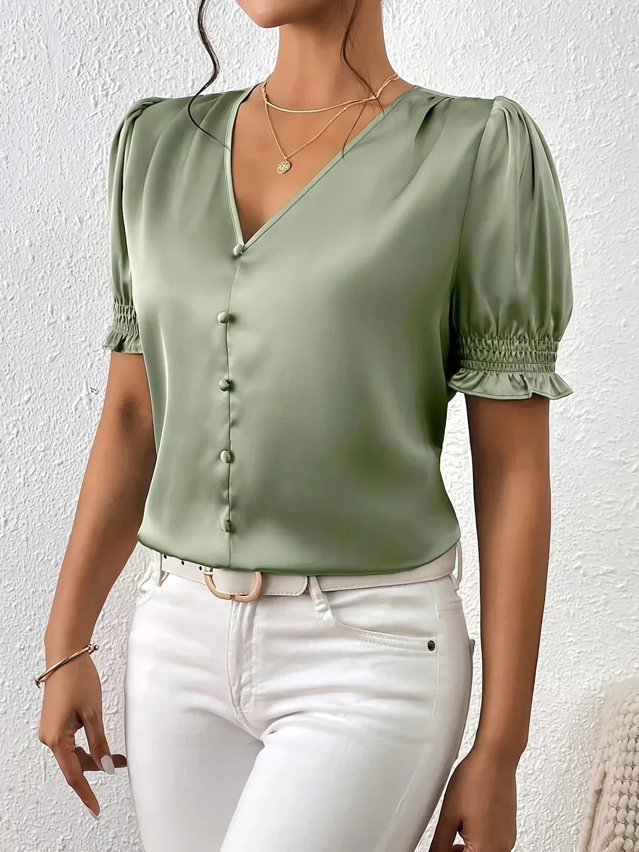 Abella™ | Elegant Blouse with V-Neck and Puff Sleeves