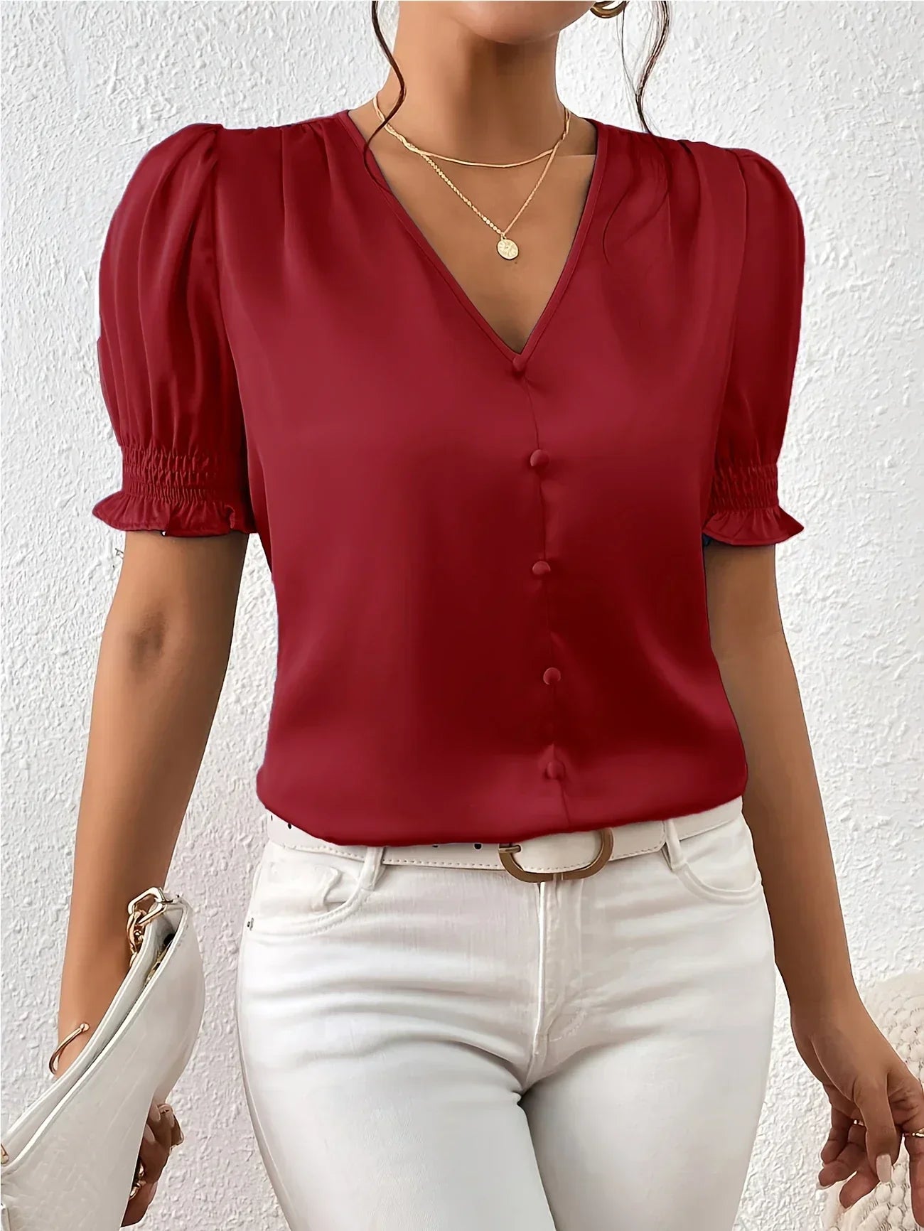 Abella™ | Elegant Blouse with V-Neck and Puff Sleeves