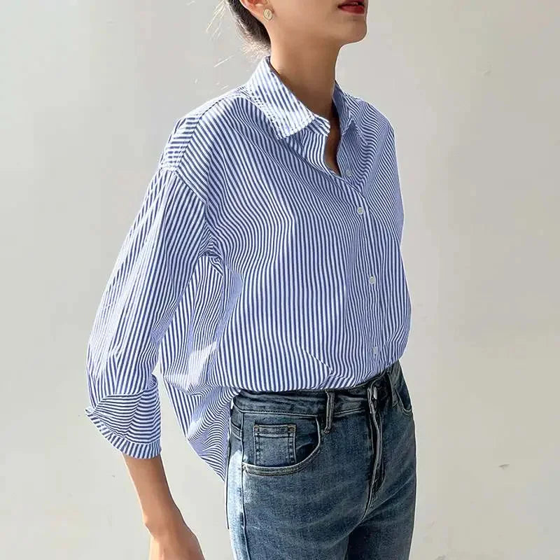 Nera™ | Airy Cotton Blouse – Blue and White Striped