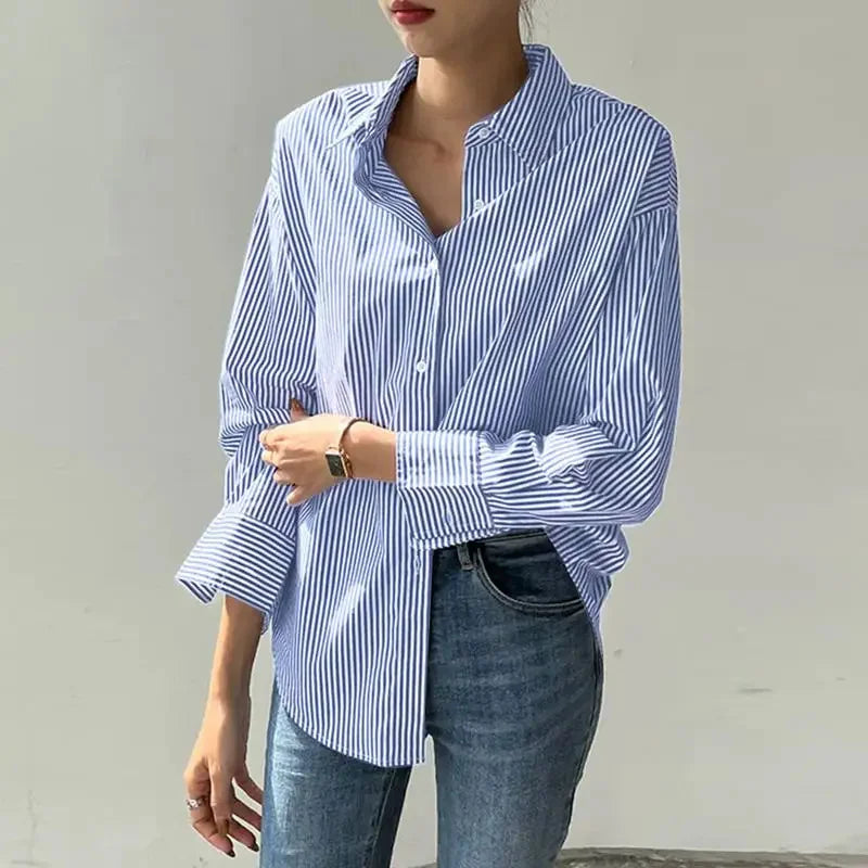 Nera™ | Airy Cotton Blouse – Blue and White Striped