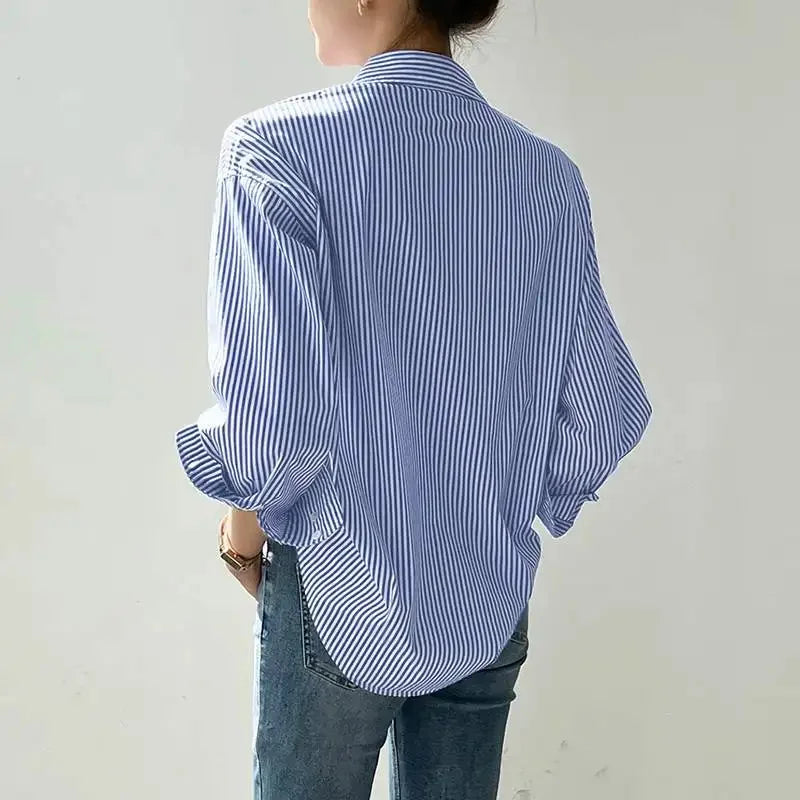 Nera™ | Airy Cotton Blouse – Blue and White Striped