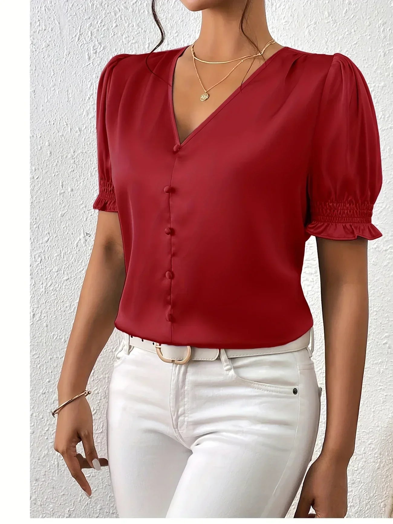 Abella™ | Elegant Blouse with V-Neck and Puff Sleeves