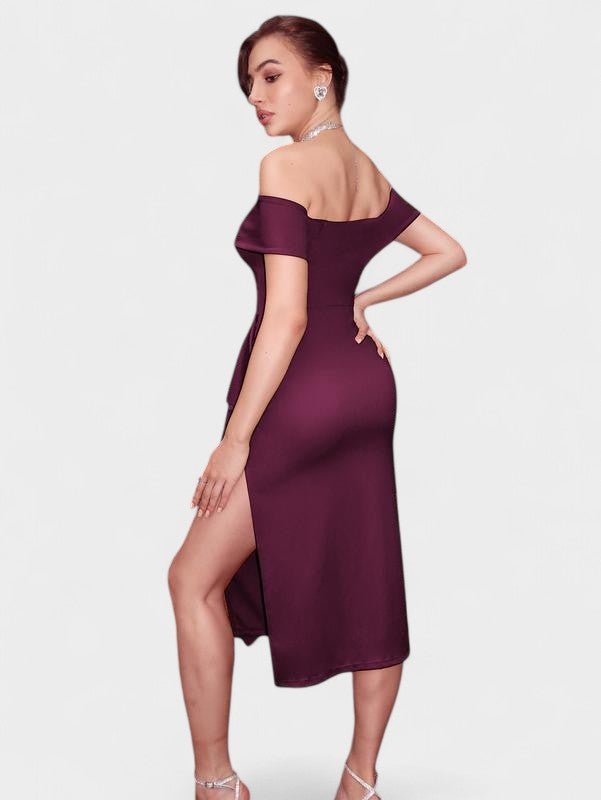 Elara | Draped Off-the-Shoulder Satin Midi Dress