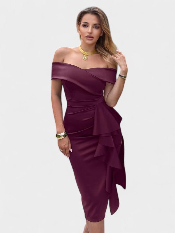 Elara | Draped Off-the-Shoulder Satin Midi Dress