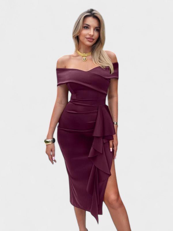 Elara | Draped Off-the-Shoulder Satin Midi Dress