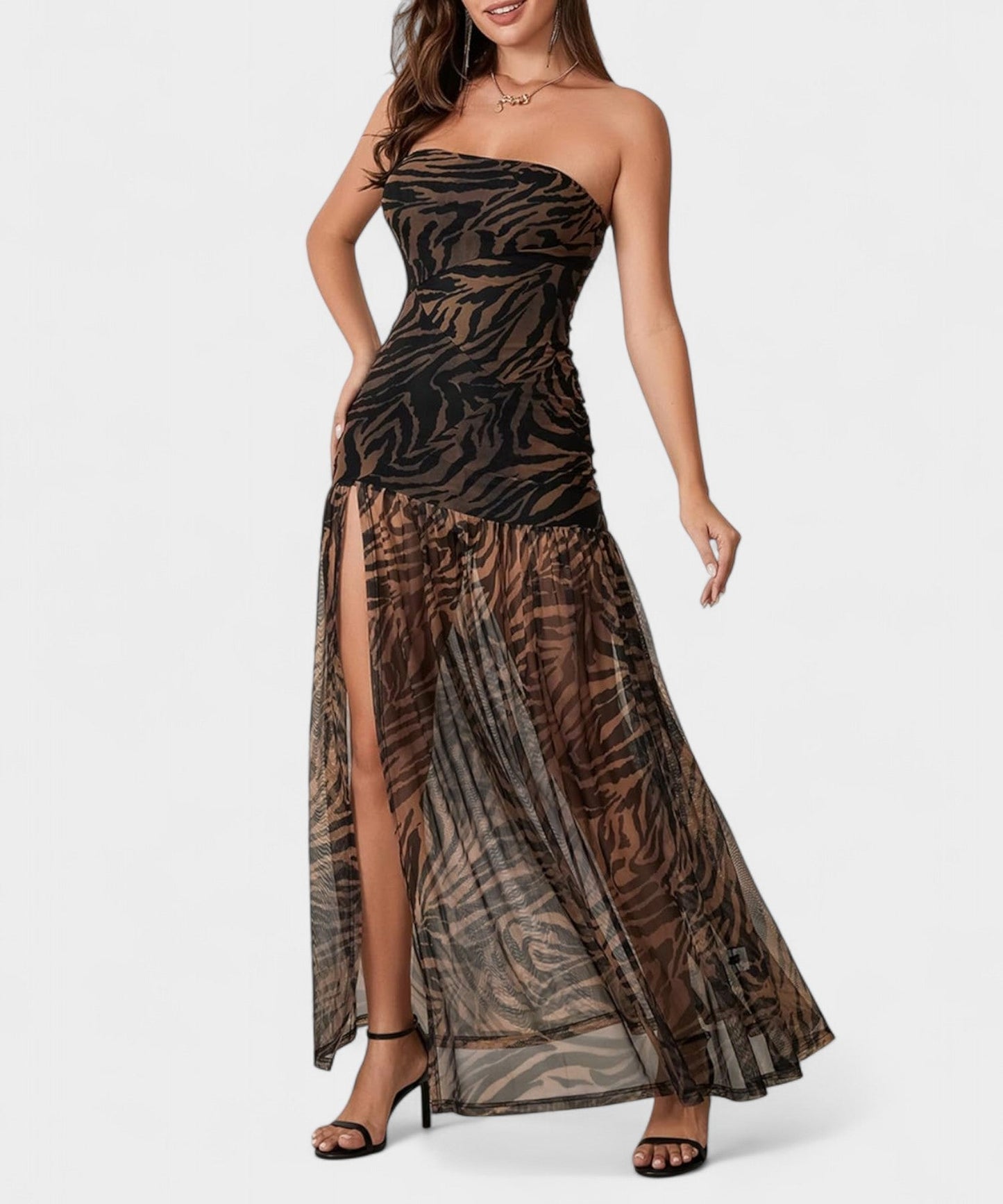 Elena | Strapless Mesh Patchwork Midi Dress