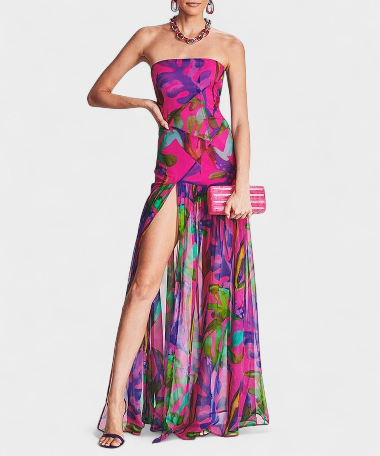 Elena | Strapless Mesh Patchwork Midi Dress