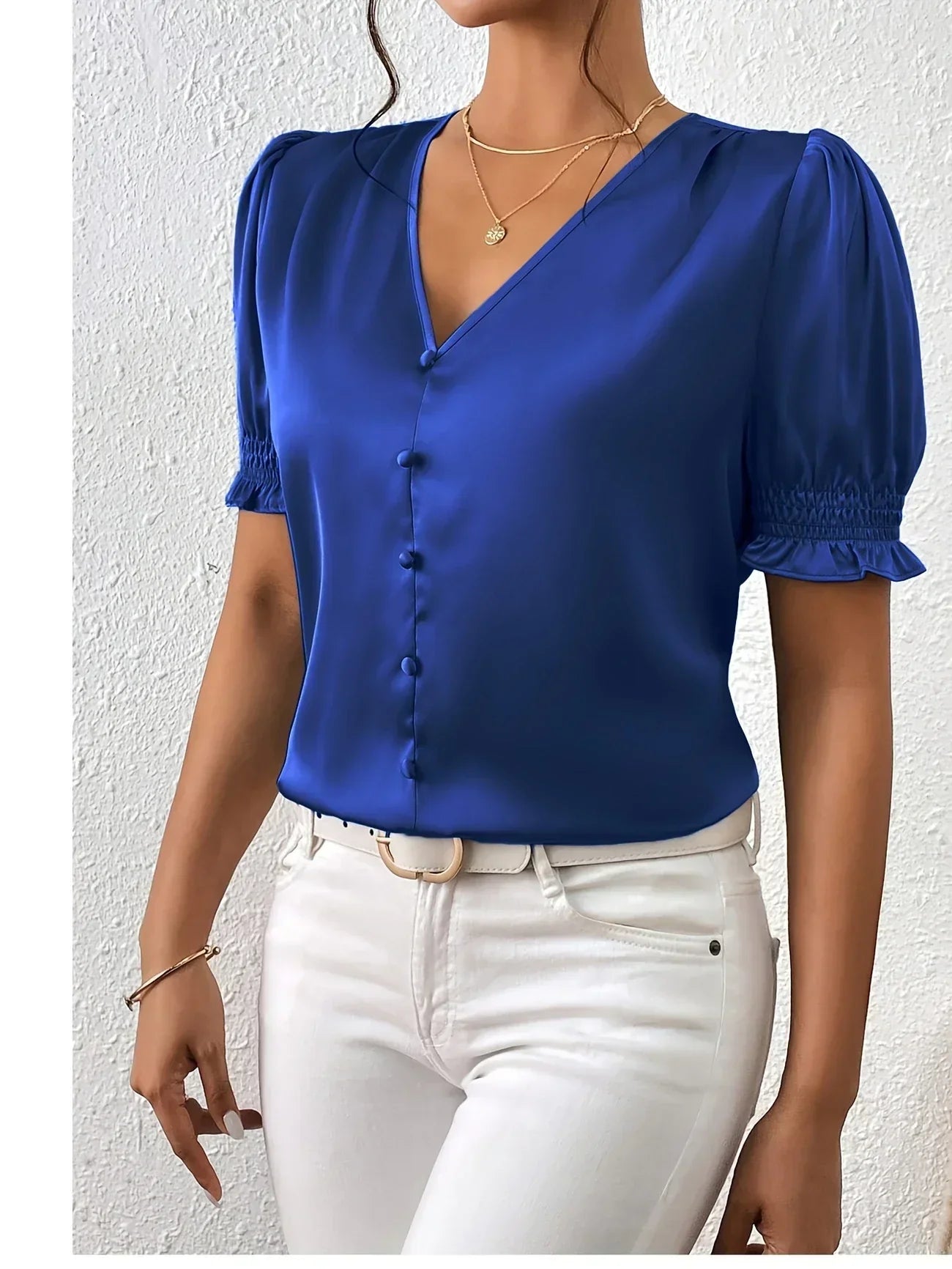 Abella™ | Elegant Blouse with V-Neck and Puff Sleeves