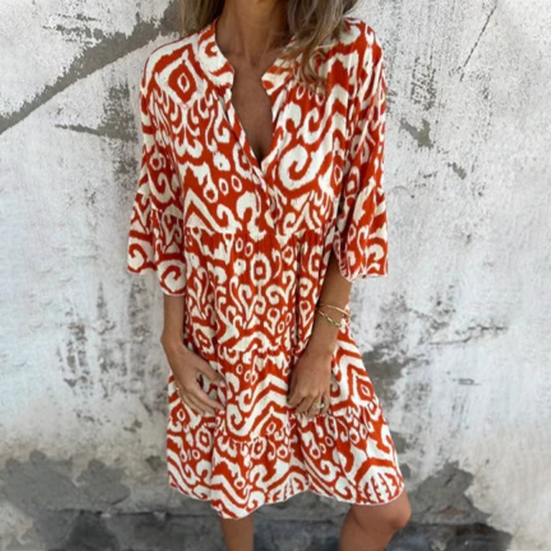 Marilyn - Printed V-Neck Dress with Three-Quarter Sleeves
