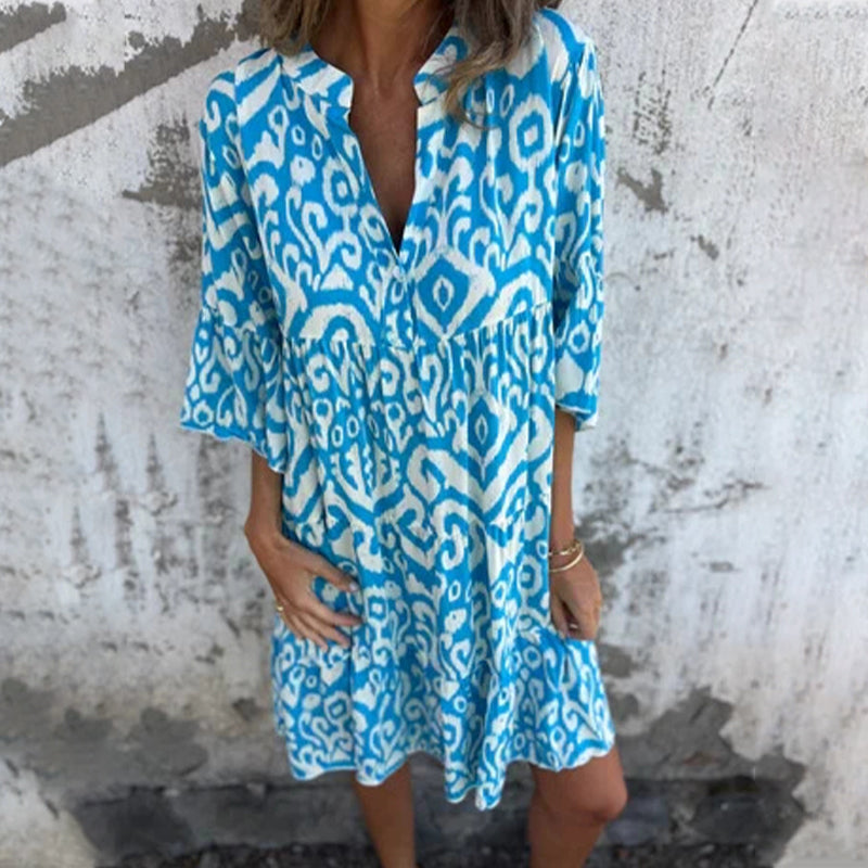 Marilyn - Printed V-Neck Dress with Three-Quarter Sleeves