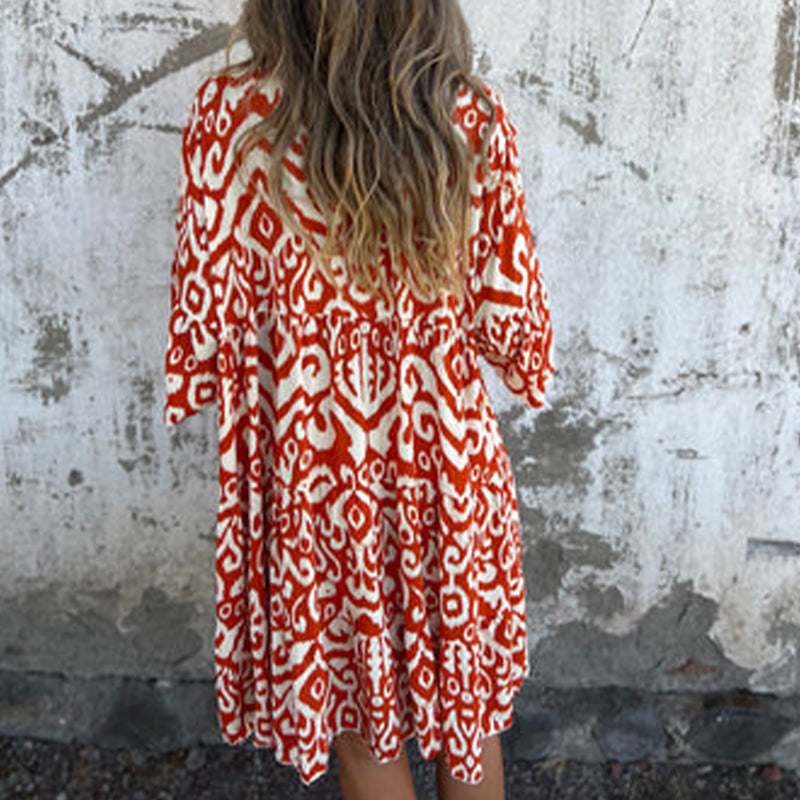 Marilyn - Printed V-Neck Dress with Three-Quarter Sleeves
