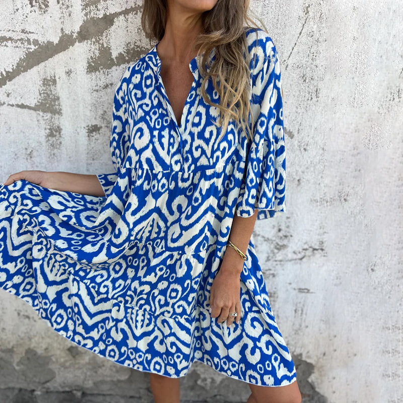 Marilyn - Printed V-Neck Dress with Three-Quarter Sleeves