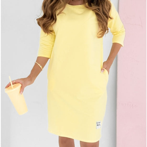 Marilyn - Round Neck 3/4 Sleeve Dress with Pockets