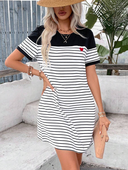 Marilyn - Casual Striped Dress with Heart Patchwork Print