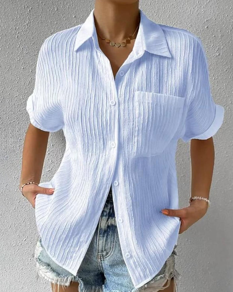 Amy™| Comfortable solid color blouse with lapel collar, short sleeves, and pocket