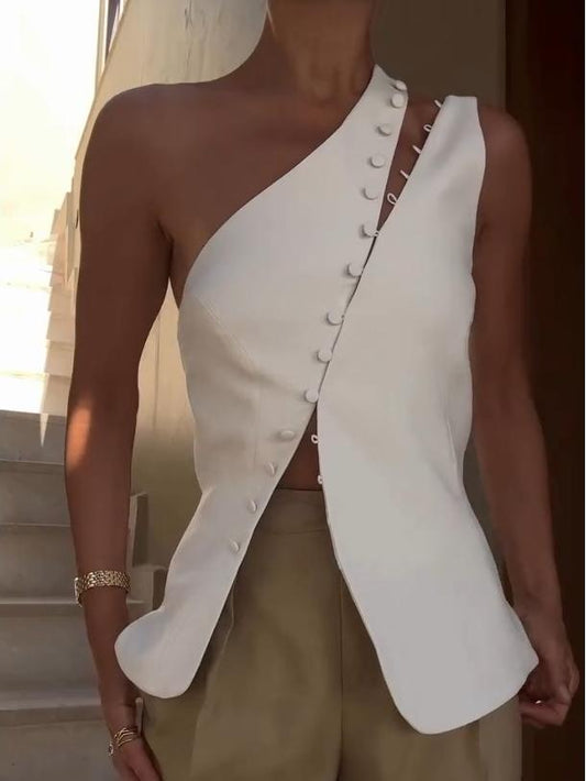 Dione™ One-Shoulder Button Detail Top