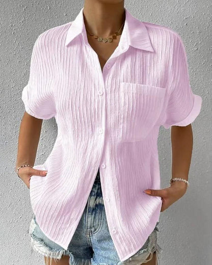 Amy™| Comfortable solid color blouse with lapel collar, short sleeves, and pocket