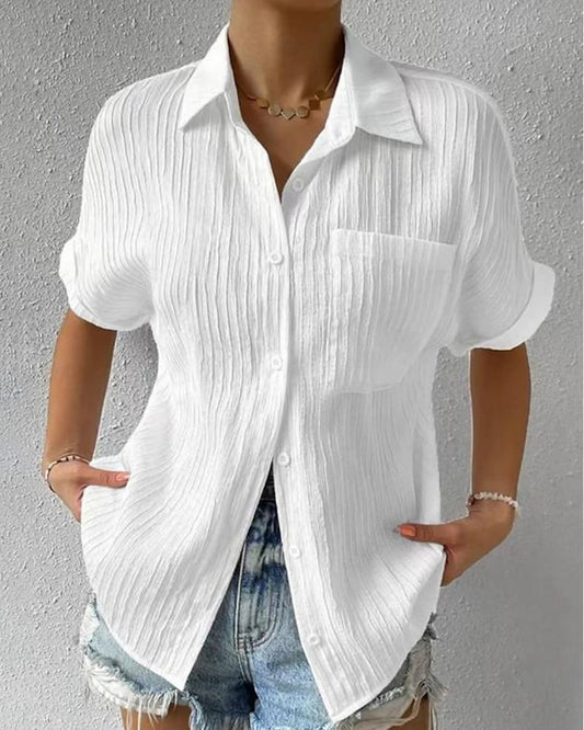 Amy™| Comfortable solid color blouse with lapel collar, short sleeves, and pocket