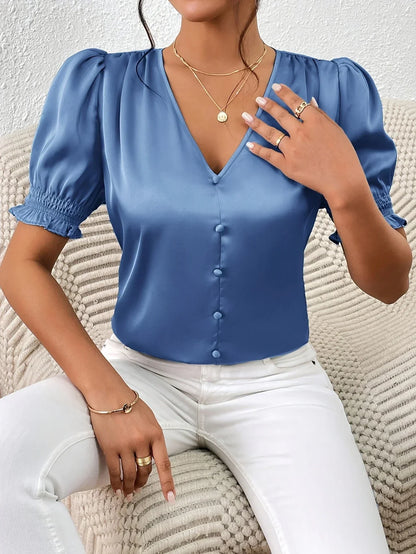Abella™ | Elegant Blouse with V-Neck and Puff Sleeves