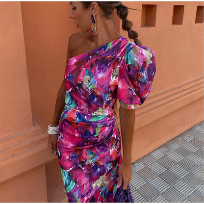 Yllana - Purple Puff One Shoulder Midi Dress