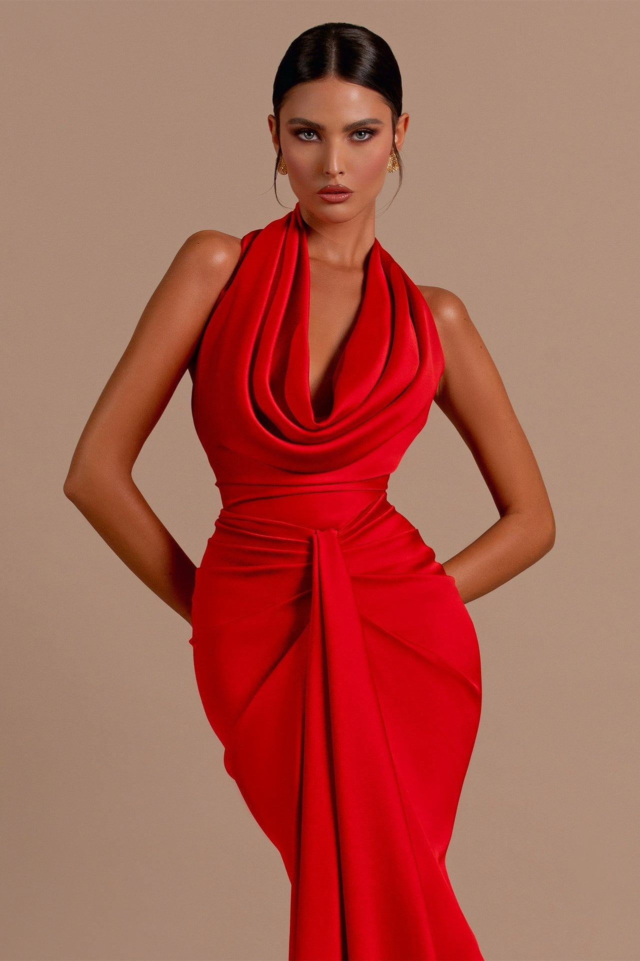 Carmella - Satin Halter Neck Backless Maxi Dress