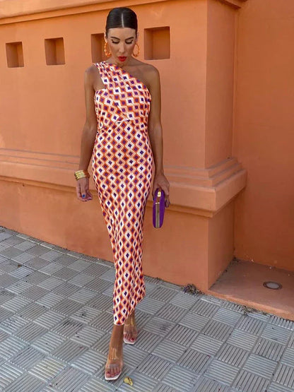 Irmgardi - Colorful Asymmetric Neckline Dress