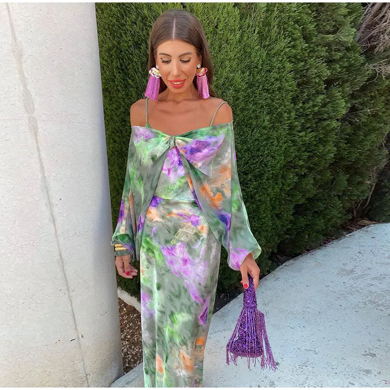 Anisten - Elegant Floral Green Slip Dress