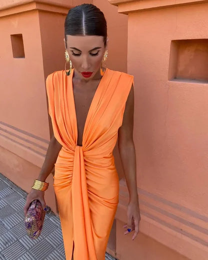 Moriah - Sunset Ruched V-Neck Dress