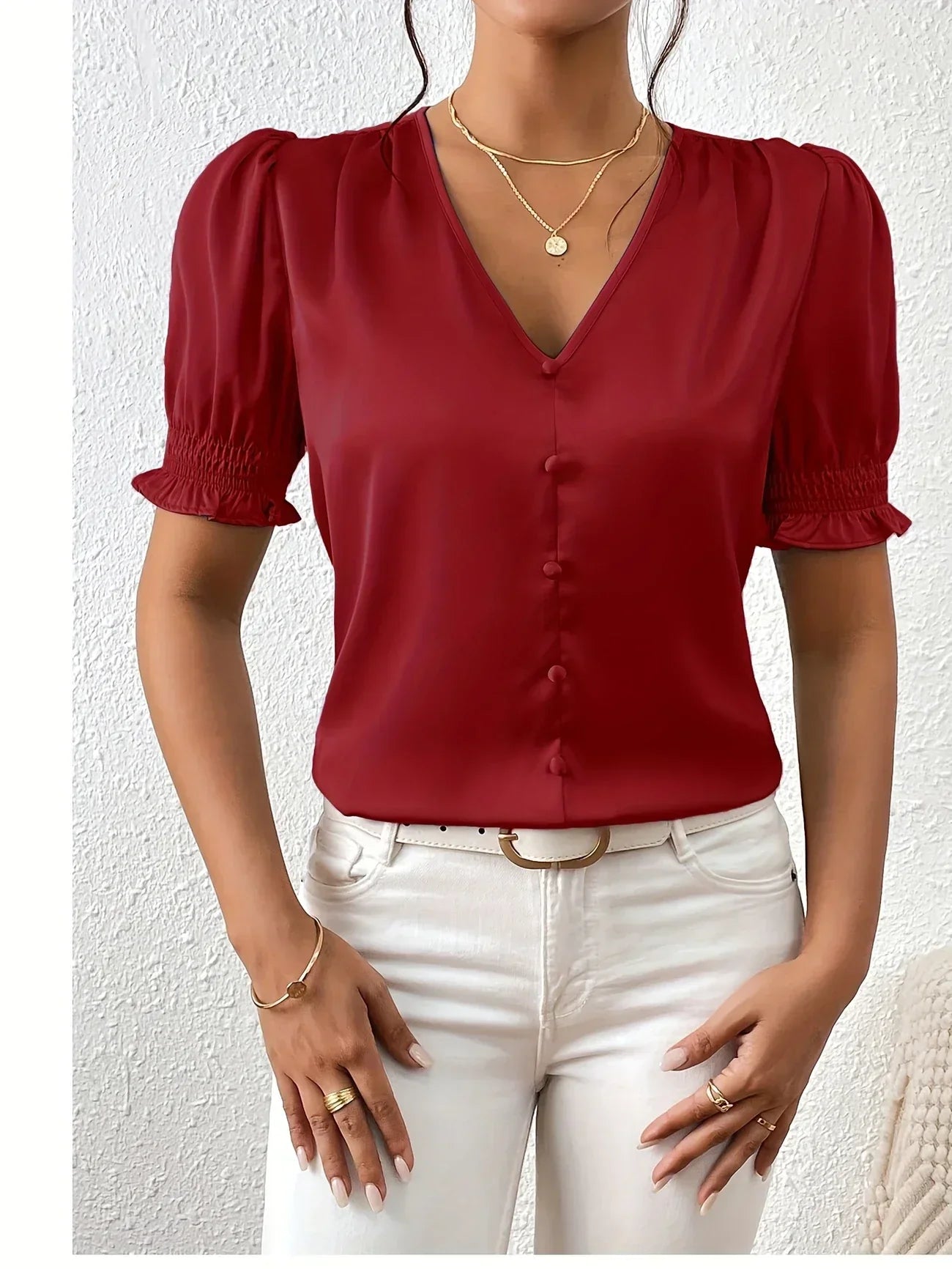 Abella™ | Elegant Blouse with V-Neck and Puff Sleeves