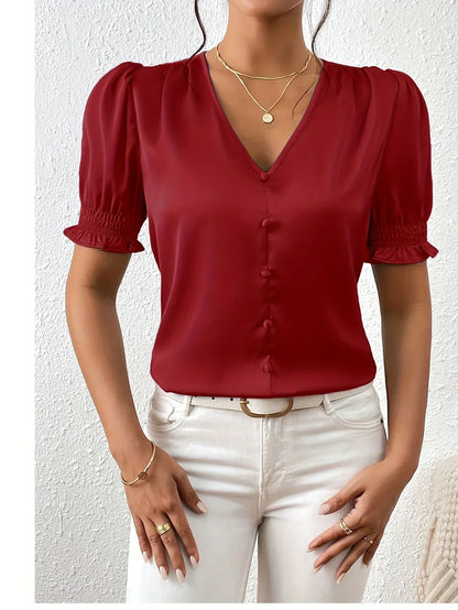 Abella™ | Elegant Blouse with V-Neck and Puff Sleeves