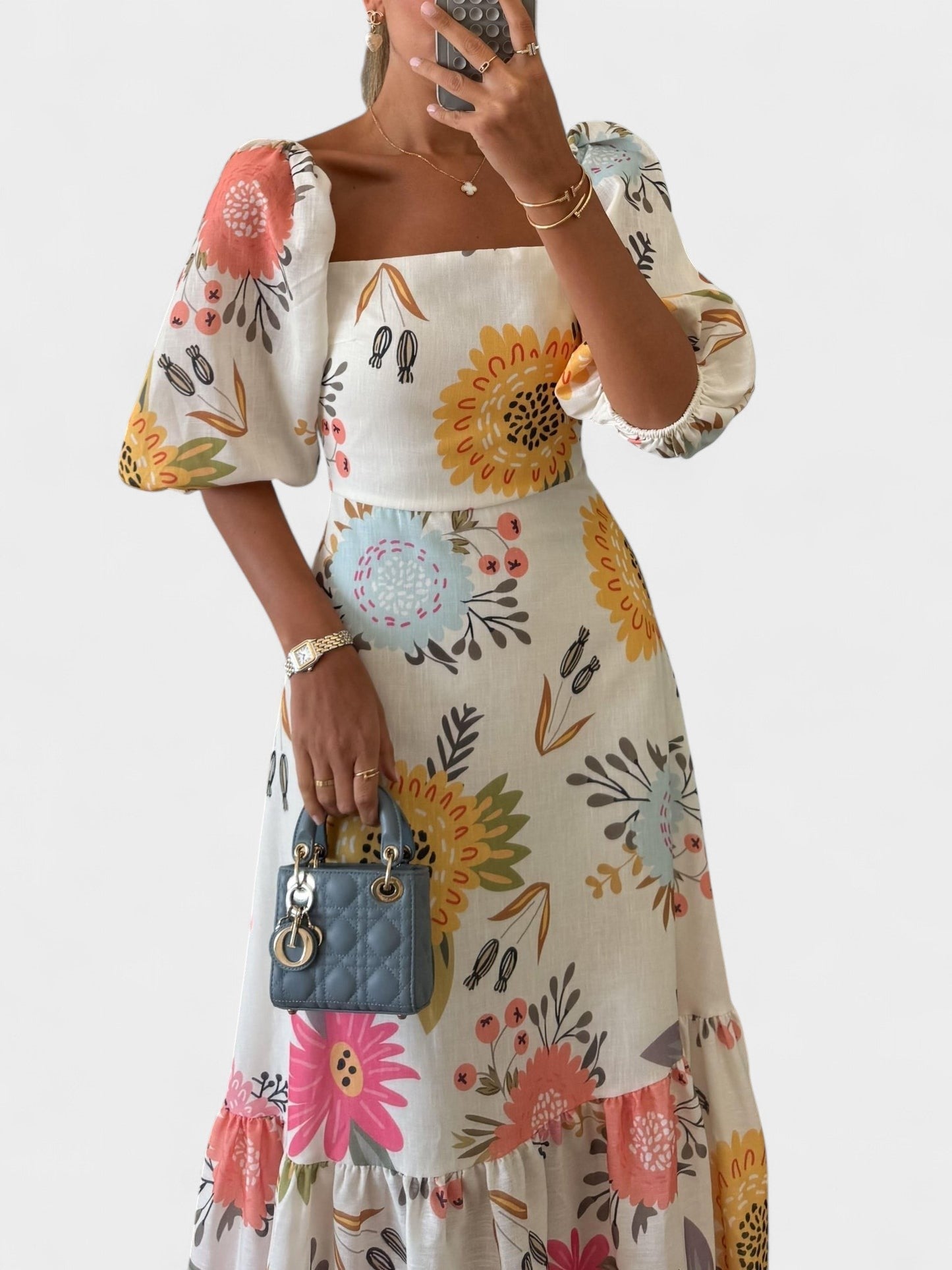 Clara | Square Neck Puff Sleeve Ruffled Dress