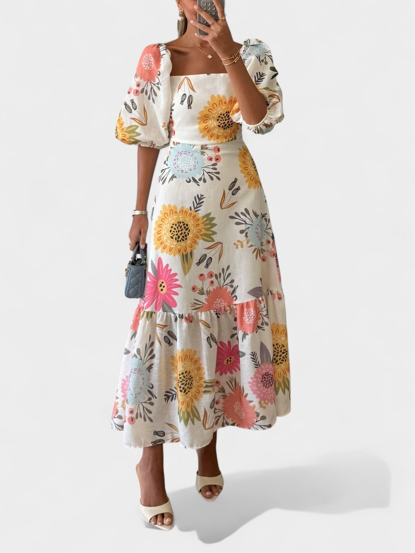 Clara | Square Neck Puff Sleeve Ruffled Dress