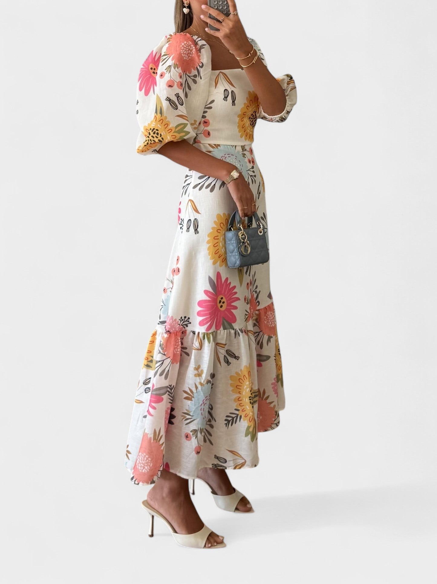 Clara | Square Neck Puff Sleeve Ruffled Dress