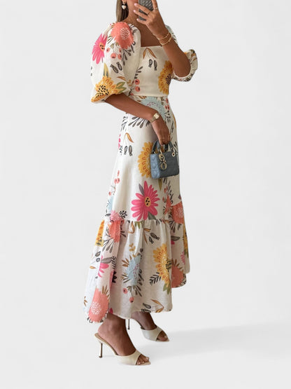 Clara | Square Neck Puff Sleeve Ruffled Dress