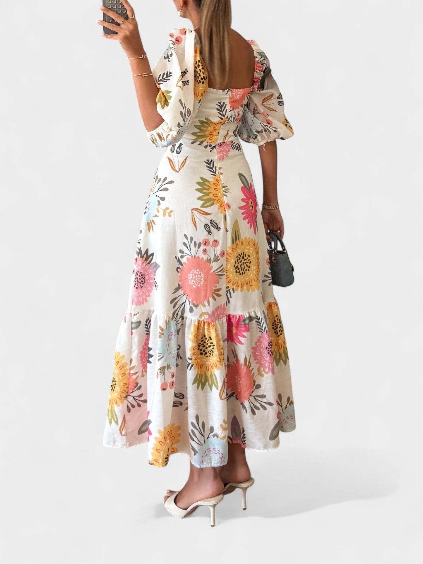 Clara | Square Neck Puff Sleeve Ruffled Dress