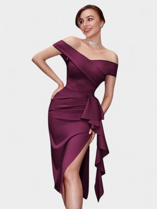 Elara | Draped Off-the-Shoulder Satin Midi Dress