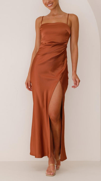 Elena | Pleated Waist Satin Maxi Dress