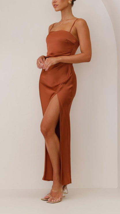 Elena | Pleated Waist Satin Maxi Dress