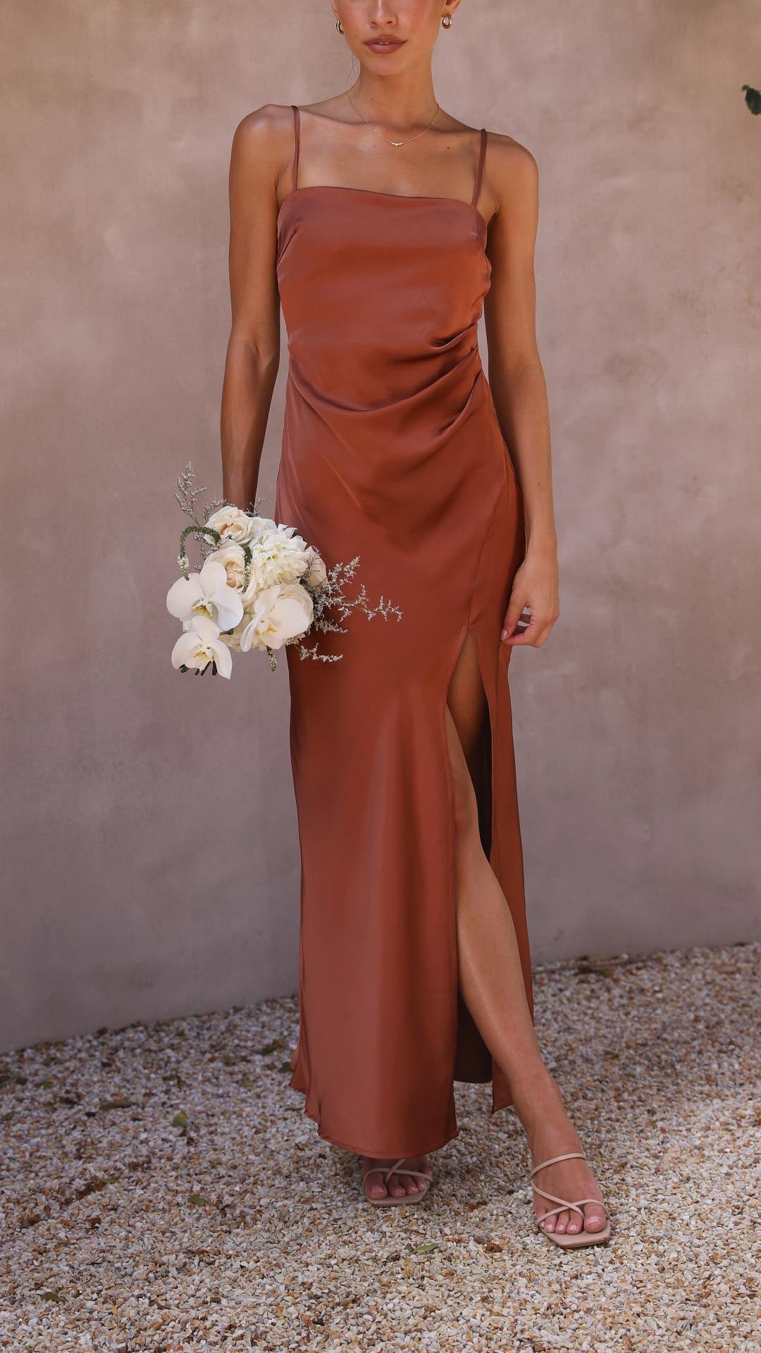 Elena | Pleated Waist Satin Maxi Dress