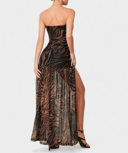 Elena | Strapless Mesh Patchwork Midi Dress