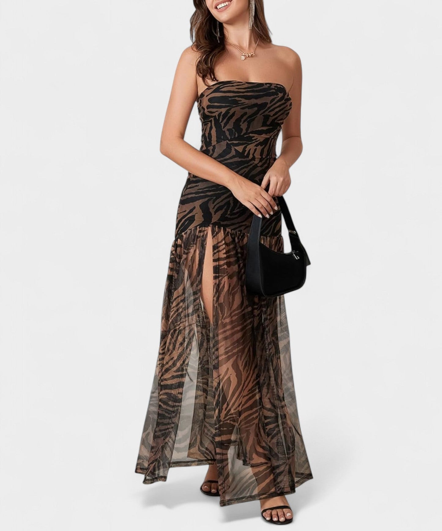 Elena | Strapless Mesh Patchwork Midi Dress