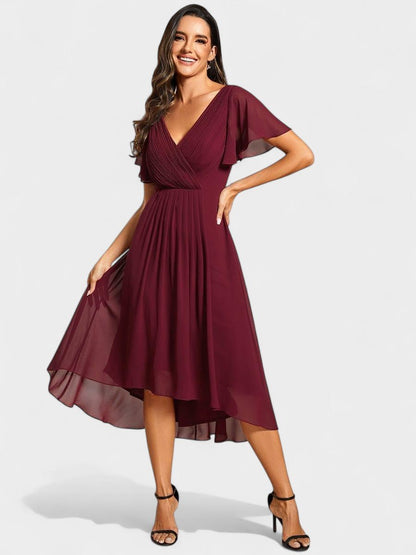 Elena | V-Neck High-Low Chiffon Midi Dress