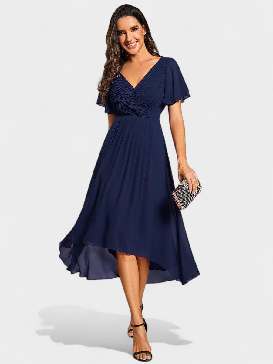 Elena | V-Neck High-Low Chiffon Midi Dress