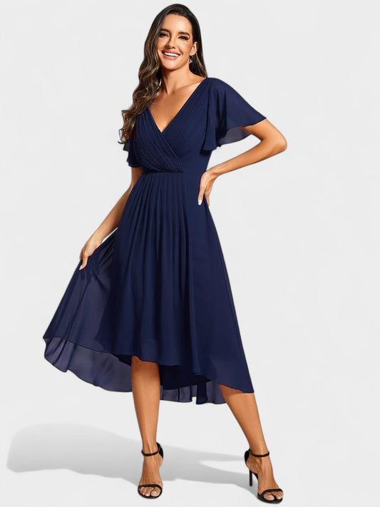 Elena | V-Neck High-Low Chiffon Midi Dress