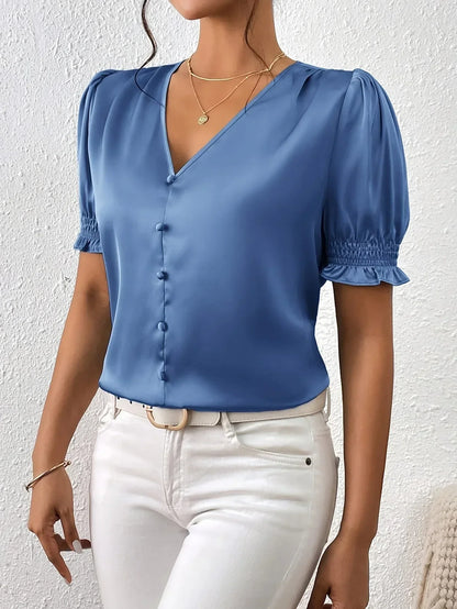 Abella™ | Elegant Blouse with V-Neck and Puff Sleeves