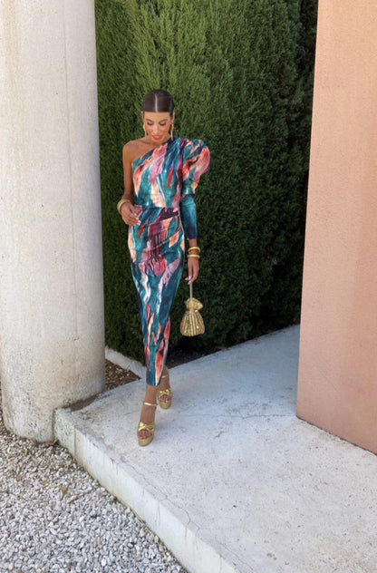 Yllana - Purple Puff One Shoulder Midi Dress