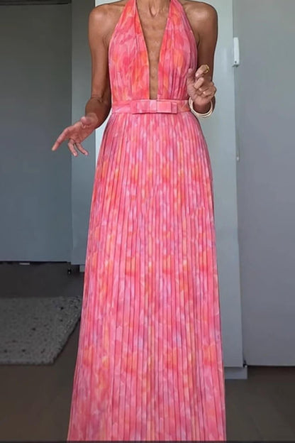 Isla | Pleated Halter Backless Maxi Dress