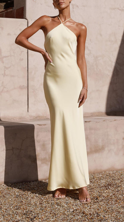 Lena | Yellow Halter Tie-Back Maxi Dress