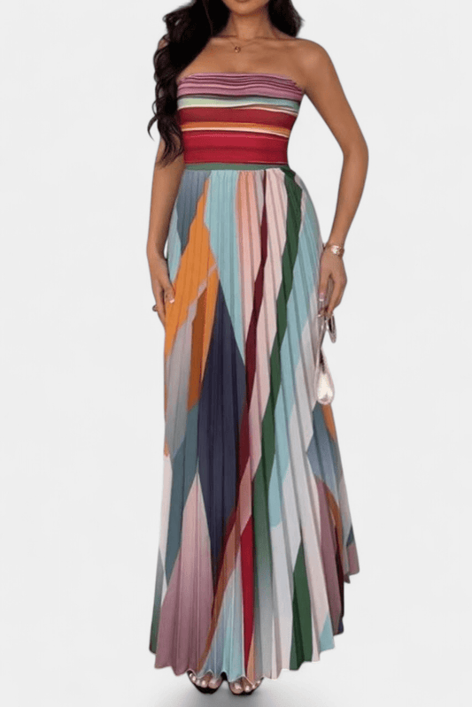 Leticia | Off-Shoulder Pleated Multicolour Maxi Dress